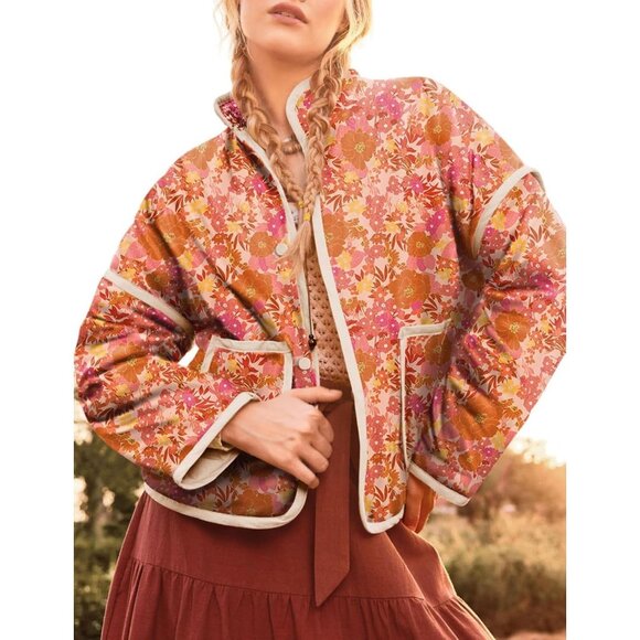 Women's Floral Quilted Jackets Cropped Button Down Padded Puffer Jacket Orange - Picture 4 of 5